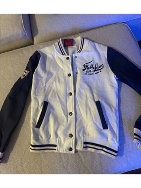 White and Navy 'Full of Love' Varsity Jacket